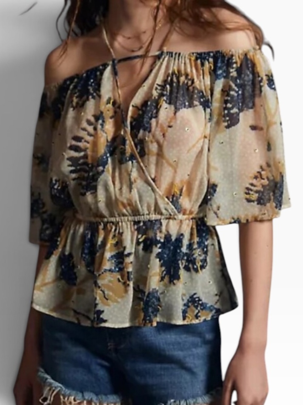 Anthropologie Let Me Be Cream/Tan/Navy Floral Off the Shoulder Peplum Top XS